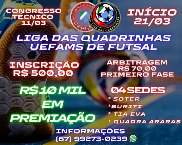 Inscrições abertas para a Liga das Quadrinhas da UEFAMS de Futsal