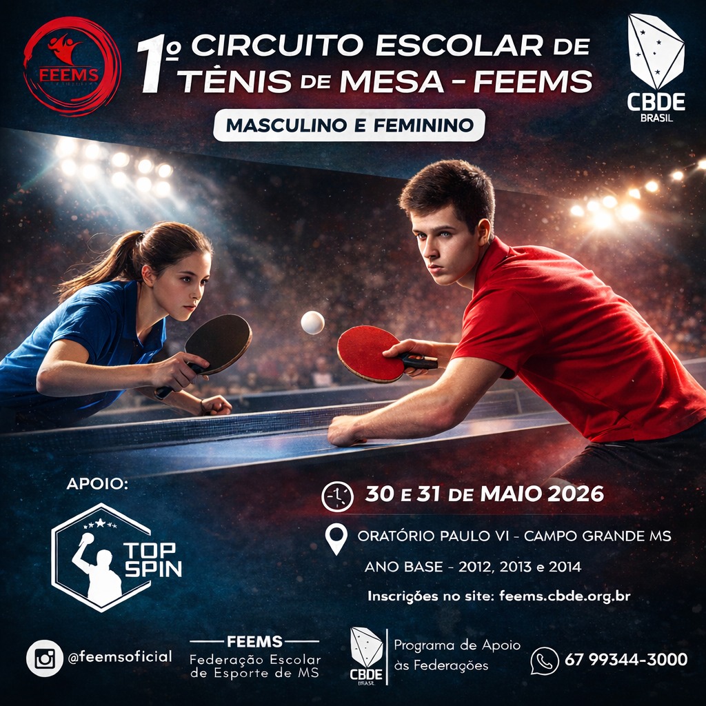 Campo Grande recebe a 1ª Etapa do Circuito Escolar de Tênis de Mesa da FEEMS nos dias 30 e 31 de maio