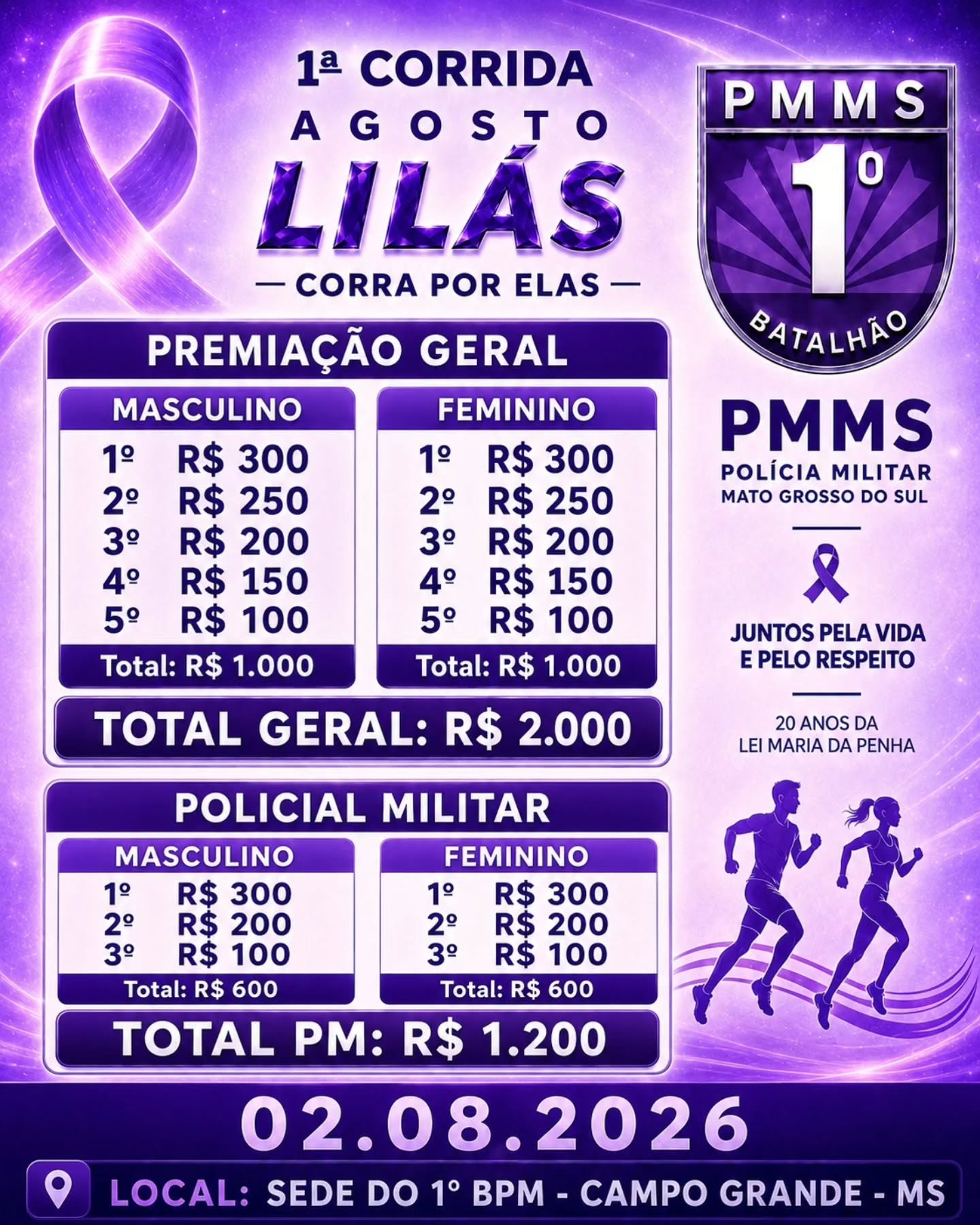 1ª Corrida Agosto Lilás incentiva a luta contra a violência doméstica em Campo Grande