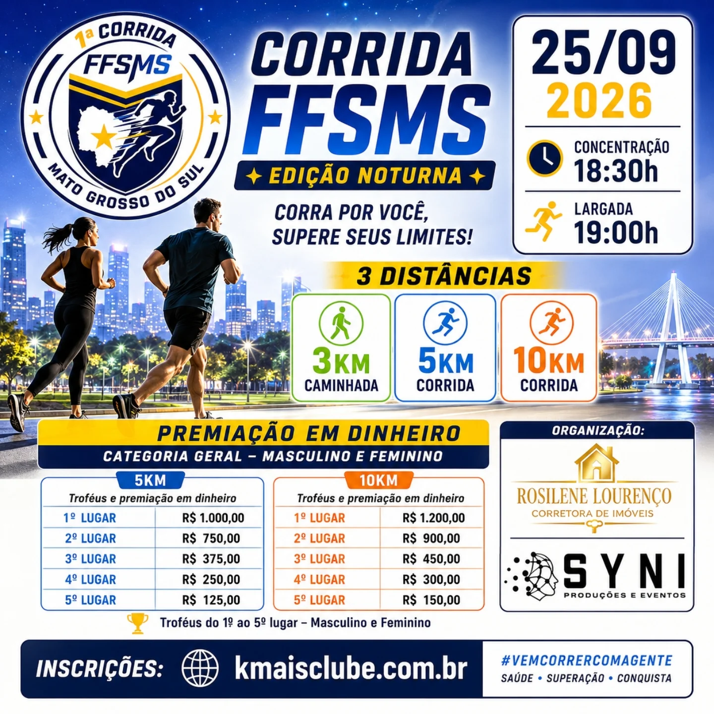 Corrida FFSMS terá edição noturna com percursos de 3 km, 5 km e 10 km