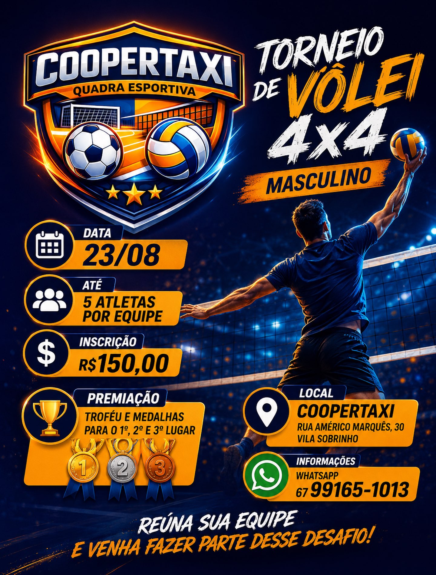 Torneio masculino de vôlei 4x4 será realizado na Coopertaxi em Campo Grande